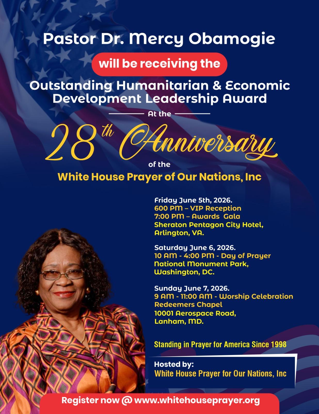 Learn about the Outstanding Humanitarian and Economic Development Leadership Award to be presented to Dr. Mercy Obamogie during the 28th Anniversary of White House Prayer for Our Nations, Inc.