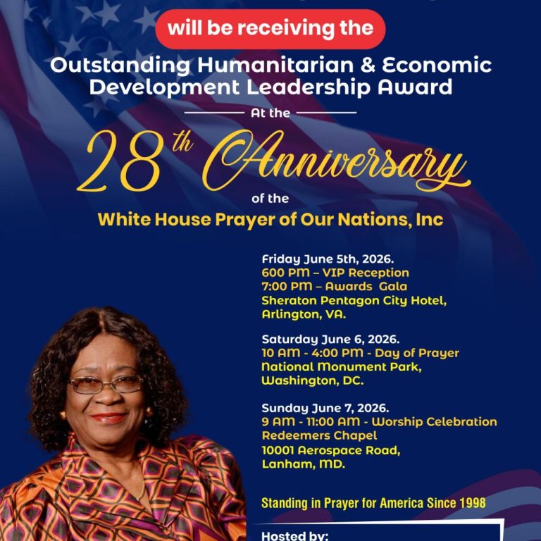 Learn about the Outstanding Humanitarian and Economic Development Leadership Award to be presented to Dr. Mercy Obamogie during the 28th Anniversary of White House Prayer for Our Nations, Inc.